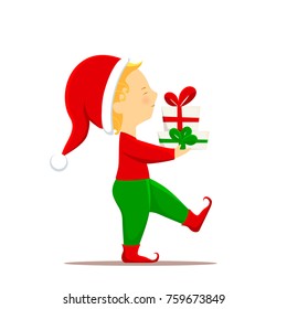 Christmas elf cartoon vector illustration. Flat slyle Santa Claus elf character portrait isolated on white background. Design element for Merry Xmas and Happy New Year card