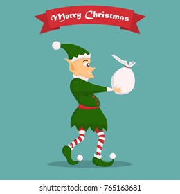 Christmas elf character with bag in a flat design.