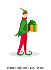 Christmas Elf Character Boy in Green Costume and Funny Hat Holding Gift in Hands Isolated on White Background. Fairy Tale Xmas Personage with Wrapped Present Cartoon Flat Vector Illustration. Clip Art