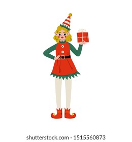 Christmas Elf Character Carrying Gift Box, Cute Girl Santa Claus Helper Vector Illustration