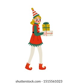 Christmas Elf Character Carrying Gift Boxes, Cute Girl Santa Claus Helper Vector Illustration