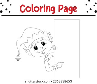 Christmas elf character coloring page for kids. Vector black and white illustration on white background.