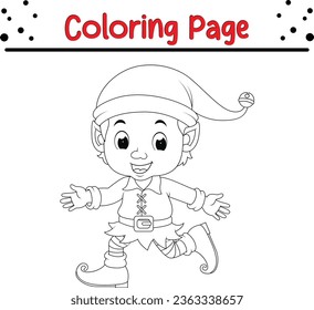 Christmas elf character coloring page for kids. Vector black and white illustration on white background.