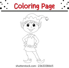 Christmas elf character coloring page for kids. Vector black and white illustration on white background.