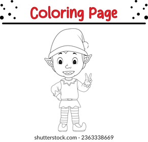 Christmas elf character coloring page for kids. Vector black and white illustration on white background.