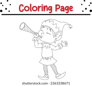 Christmas elf character coloring page for kids. Vector black and white illustration on white background.