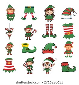 Personaje de elfo de Navidad y Elementos de disfraces. Conjunto de gnomos ayudantes, piernas a rayas, sombreros y zapatos. Kit de Vector para la decoración de Festiva.