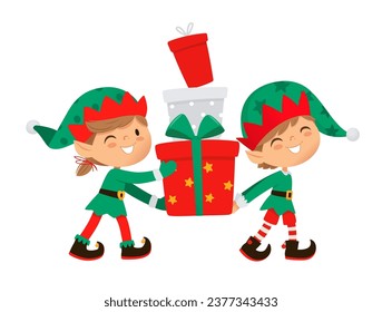 Christmas elf character. Cute Santa Claus helpers elves. Funny Xmas winter baby dwarf little fantasy helper characters creature with gift, new year vector isolated symbols set