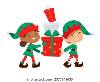 Christmas elf character. Cute Santa Claus helpers elves. Funny Xmas winter baby dwarf little fantasy helper characters creature with gift, new year vector isolated symbols set