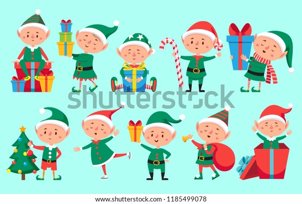 Christmas elf character.\
Cute Santa Claus helpers elves. Funny Xmas winter baby dwarf little\
fantasy helper characters creature with gift, new year vector\
isolated symbols set