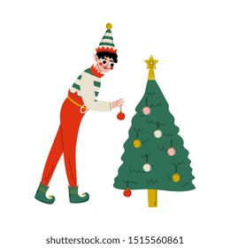 Christmas Elf Character Decorating Christmas Tree, Cute Boy Santa Claus Helper Vector Illustration