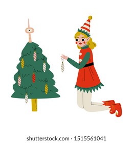 Christmas Elf Character Decorating Christmas Tree, Cute Girl Santa Claus Helper Vector Illustration