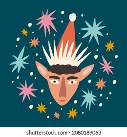 Christmas elf character face fairytale childish cartoon doodle boho naive funky handdrawn style art seamless pattern vector 
