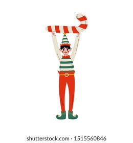 Christmas Elf Character Holding Candy Cane, Cute Boy Santa Claus Helper Vector Illustration