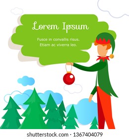 Christmas Elf Character Stand with Decorative Ball in Hand on White Background with Fir Trees and Brush Stroke, Social Media Poster Template, Invitation Cartoon Flat Vector Illustration. Square Banner