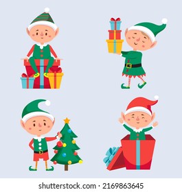 Christmas elf character with tree and gift box. Vector of character elf with gift, merry celebration illustration in december, decoration and cheerful holiday