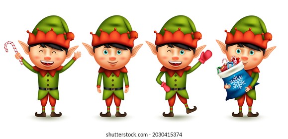 Christmas elf character vector set. Boy elves 3d characters waving, holding and giving candy cane gifts for cute santa's dwarfs xmas design collection. Vector illustration.
