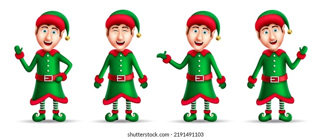 Christmas elf character vector set. Elves in 3d realistic characters in standing, waving and smiling friendly gestures and expression for xmas collection design. Vector illustration.
