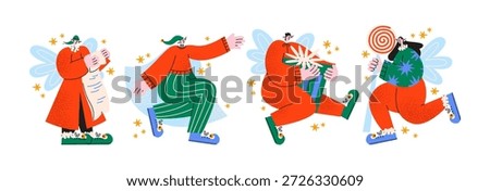 Christmas elf characters in retro cartoon style. Festive figures: gifts, candy, list, decorations. Fairy tale holiday helpers, magical winter celebration mood and cheerful Christmas preparation moments