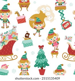 Christmas elf characters seamless pattern in simple hand drawn cartoon style. Vector illustration of fairy-tale heroes collecting gifts for children on a white background