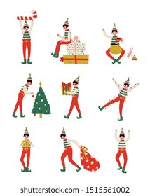 Christmas Elf Characters Set, Cute Boys Santa Claus Helpers with Gift Boxes Vector Illustration