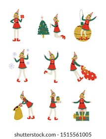 Christmas Elf Characters Set, Cute Girls Santa Claus Helpers with Gift Boxes Vector Illustration