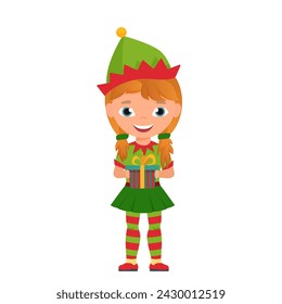 Christmas elf children costume. Winter holiday party carnival vector cartoon illustration