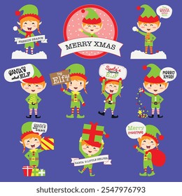 Weihnachtselfen Clipart Set. Mit fröhlichen Elfen mit Geschenken, Dekorationen und Feiertagssprüchen sind diese Grafiken perfekt für die Erstellung von Weihnachtskarten, Einladungen, Scrapbooks und festlichem Kunsthandwerk.