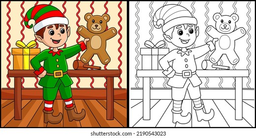 Christmas Elf Coloring Page Colored Illustration