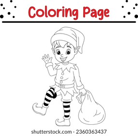 Christmas Elf Coloring Page for Kids. Merry Christmas Vector illustration coloring book.