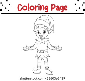 Christmas Elf Coloring Page for Kids. Merry Christmas Vector illustration coloring book.