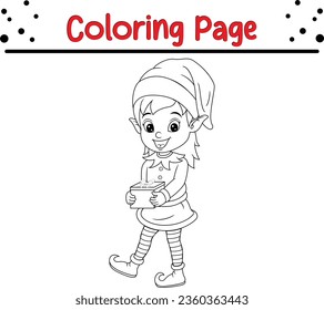 Christmas Elf Coloring Page for Kids. Merry Christmas Vector illustration coloring book.