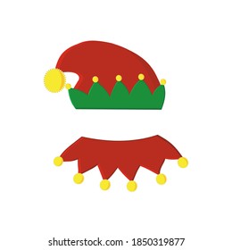 Christmas elf costume hat and collar with bells, color isolated illustration on a white background in flat style, clipart, design, decoration