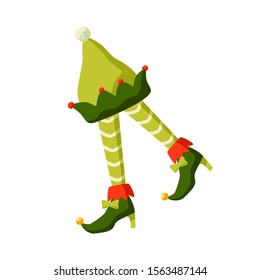 Christmas elf costume parts flat vector illustration. Little santa helper outfit accessories. Striped stockings, funny shoes and hat with bells isolated on white background. Xmas celebtarion symbol.