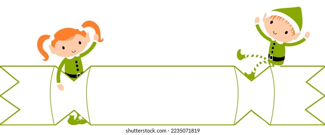 Christmas Elf with Cracker blank name label. Cute cartoon holiday elves vector illustration