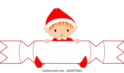 Elf de Navidad con etiqueta de nombre en blanco Cracker. Dibujo vectorial de elfos feriados de dibujos animados
