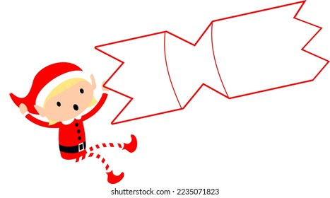 Christmas Elf with Cracker blank name label. Cute cartoon holiday elves vector illustration