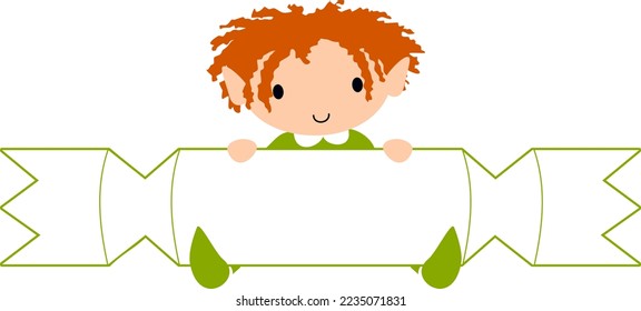 Christmas Elf with Cracker blank name label. Cute cartoon holiday elves vector illustration