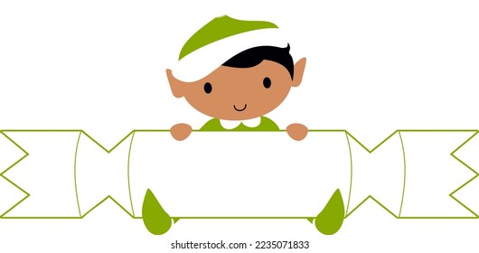 Christmas Elf with Cracker blank name label. Cute cartoon holiday elves vector illustration