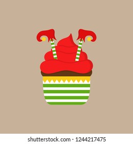 Christmas, elf cupcake vector illustration icon. Cute chocolate cupcake decorated with red whipped cream frosting and striped legs and red elf shoes with jingle bell. Isolated on beige background.