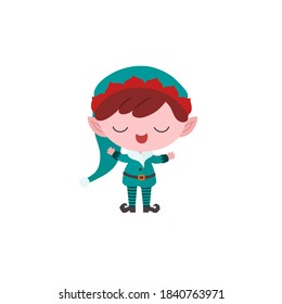 Christmas elf cute cartoon character. Baby childish style. Sweet whimsical illustration. Kawaii chibi drawing. Green color traditional costume. Winter season greeting. Elf boy isolated on white.