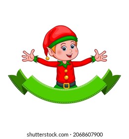 Christmas elf. Cute cartoon Santa Claus helper elf with vintage green ribbon for your text. Smiling little gnome in costume and cap isolated on white background. New Year and Christmas vector icon.