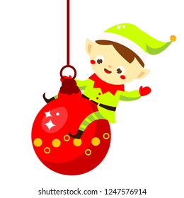 Christmas elf. Cute Santa's helper sitting on bauble. Isolated cartoon character for new Year greeting design