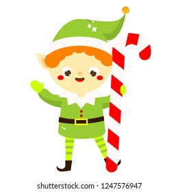 Christmas elf. Cute Santa's helper holding big candy cane. Isolated cartoon character for new Year greeting design