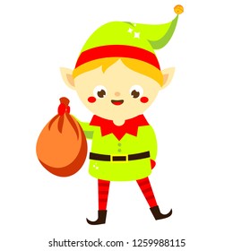 Christmas elf. Cute Santa's helper holding presents bag. Isolated cartoon character for new Year greeting design