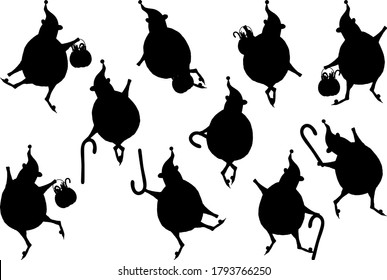 Christmas elf dances. Cute silhouettes set on white background