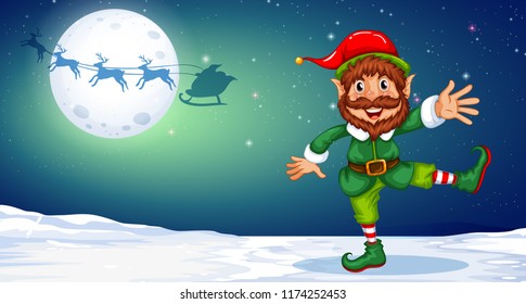 Christmas elf dancing in the snow illustration