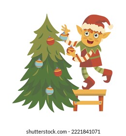 christmas elf decorates the christmas tree standing on a stool vector christmas new year