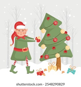 Christmas elf decorating Christmas tree with gifts, Vector