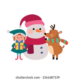 christmas elf and deer with snowman icon over white background, vector illustration